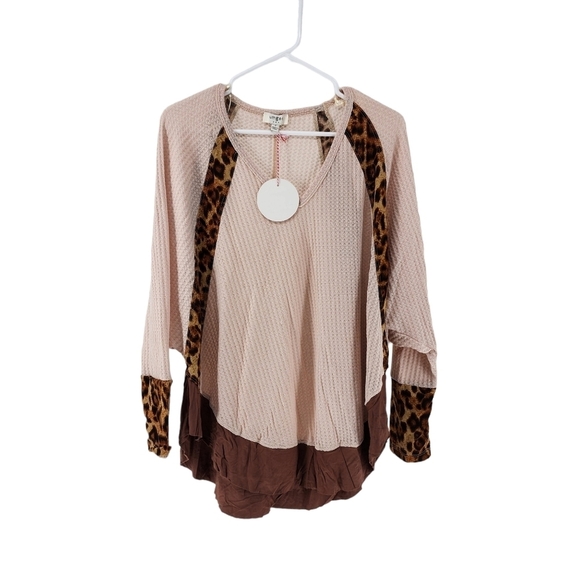 Umgee Women's Animal Print Color Block Waffle Top - S - Picture 1 of 5